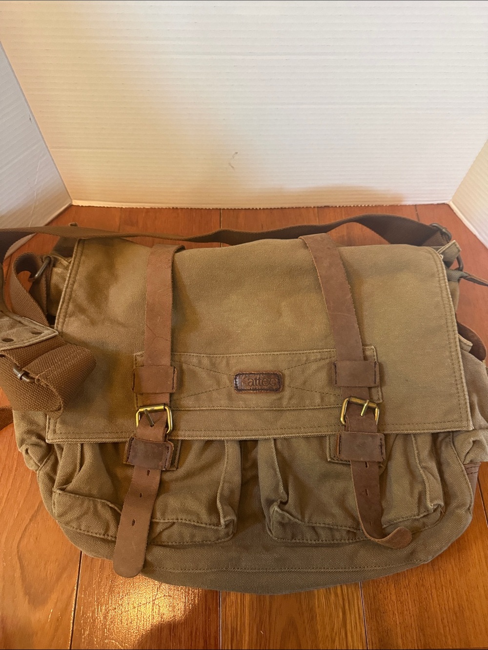 Kattee Leather trim Canvas Messenger bag camera bag laptop bag olive army green